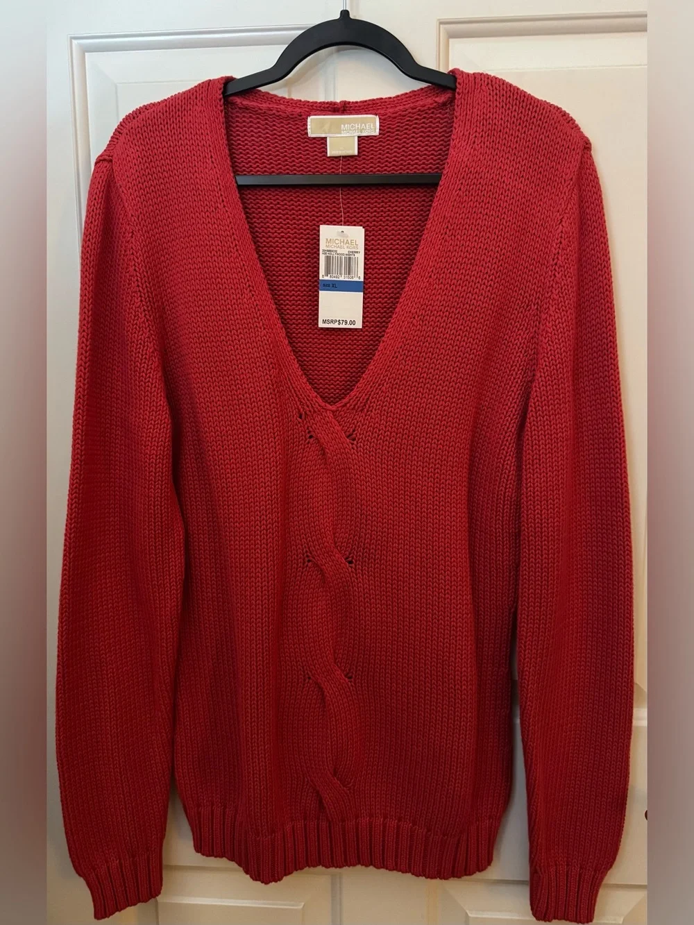 Michael Kors Sweater 100% Cotton Red V-Neck Cable Sweater Size - XL **NWT**